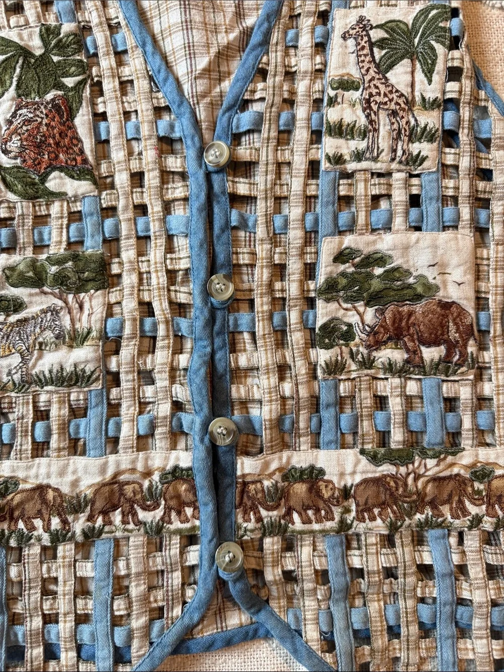 Casey & Max Whimsical Quilted Safari Animal Patchwork Vest - Blue & Beige - Picture 5 of 6